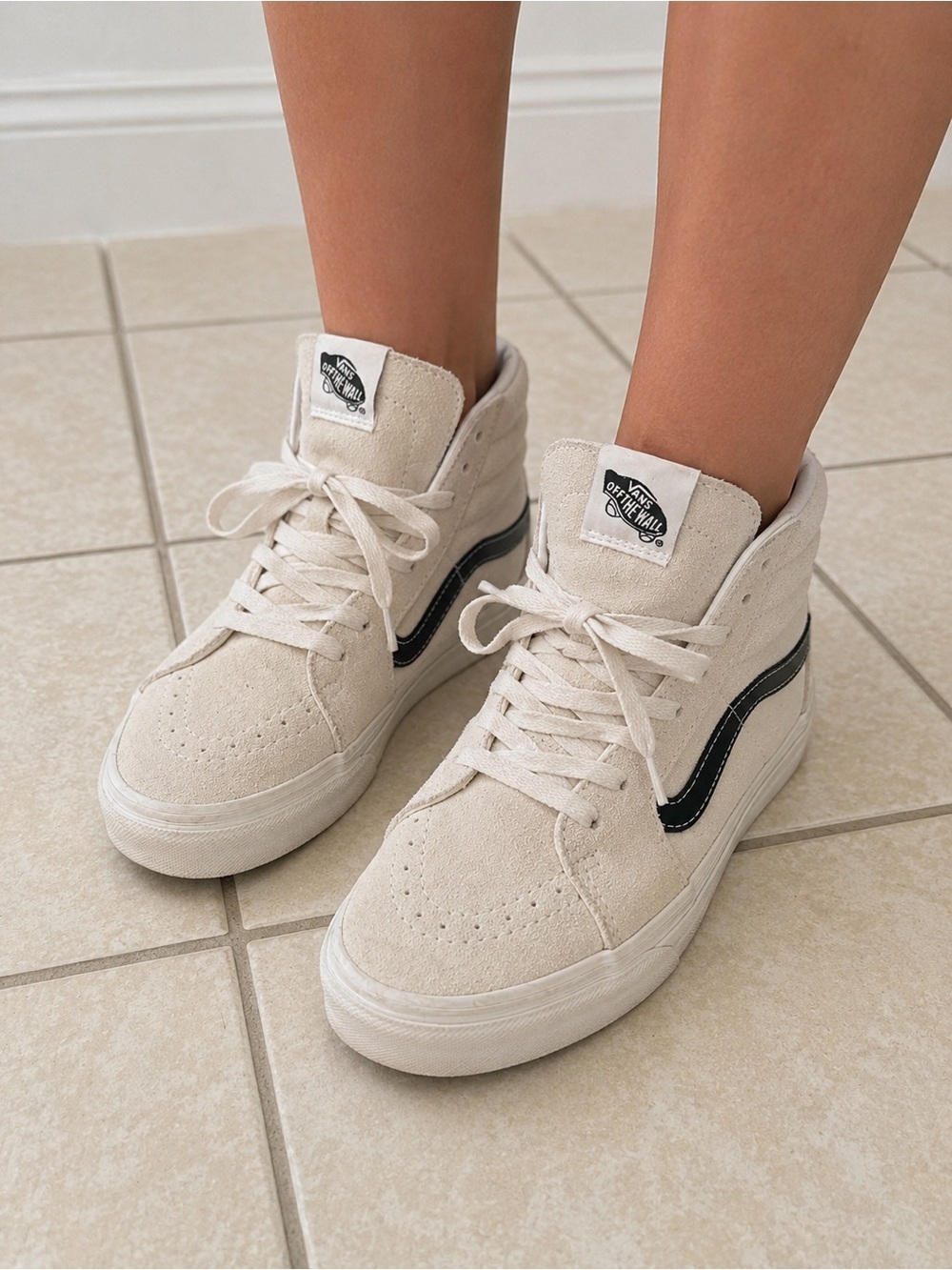 Vans Cream High-Top Sneakers with Black Side Stripe